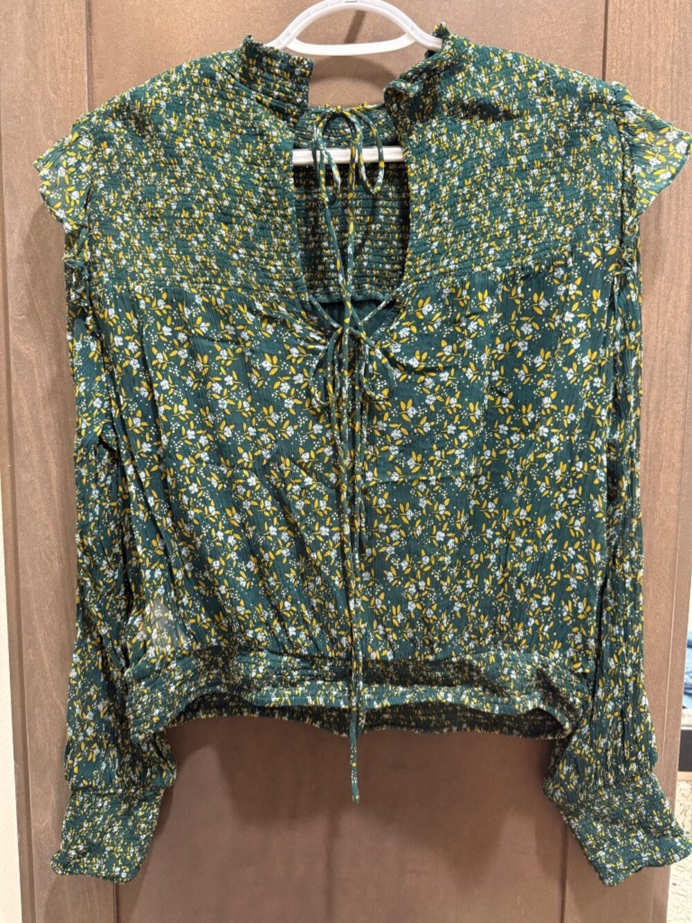 Free People Floral Smocked Blouse with Tie Neck Detail Size M